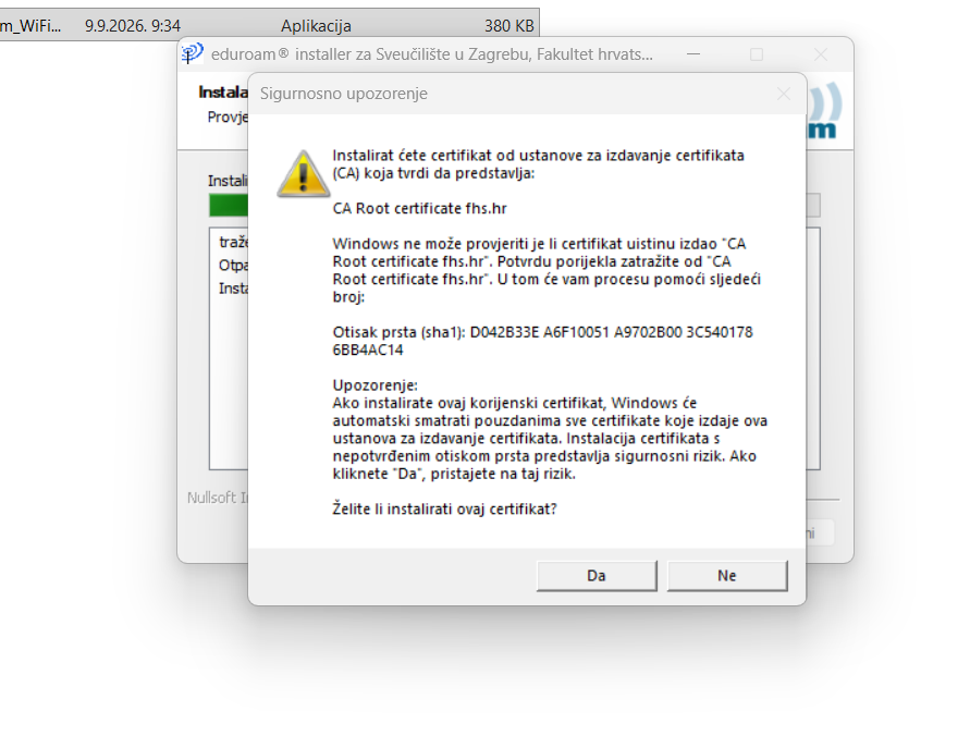Windows upozorenje za instalaciju CA Root certifikata fhs.hr